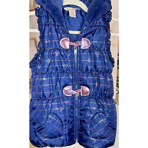 Emma & Elsa Girls M 10/12 Puffer LOVE Blue/PinkVest with Hood ⭐BOGO⭐ - Picture 1 of 6